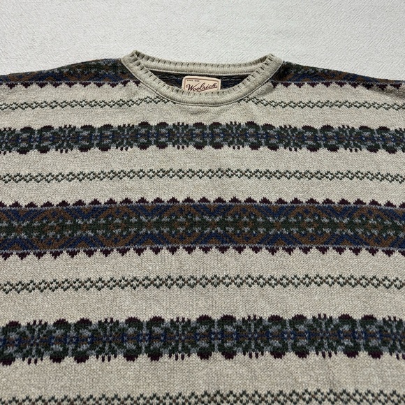 VTG 90s Woolrich Men’s Beige Burgundy Fair Isle Cotton Crewneck Sweater L - Picture 5 of 8